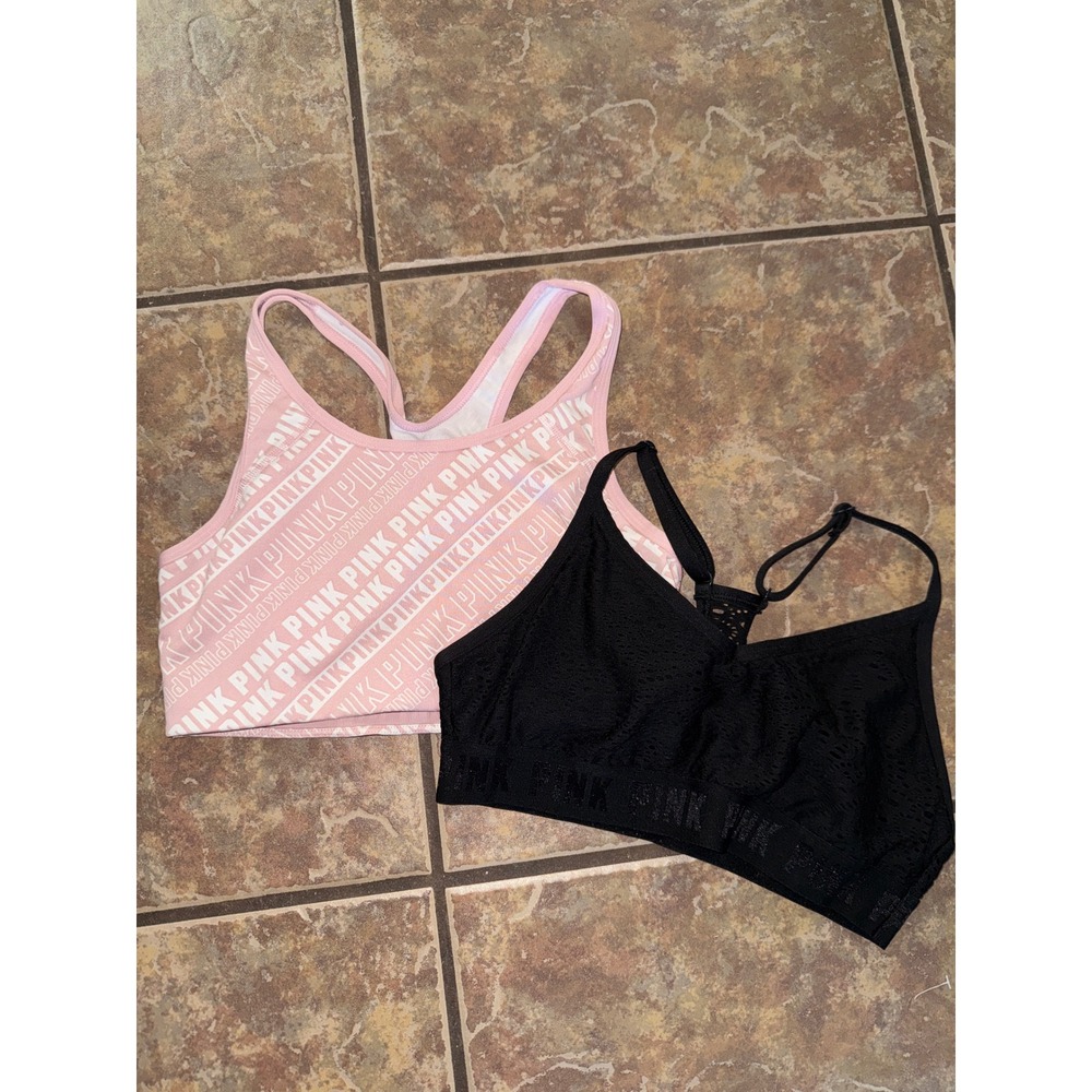 Victoria's Secret PINK Sports Bra Bralette Bundle Pink Black Logo Lace Medium